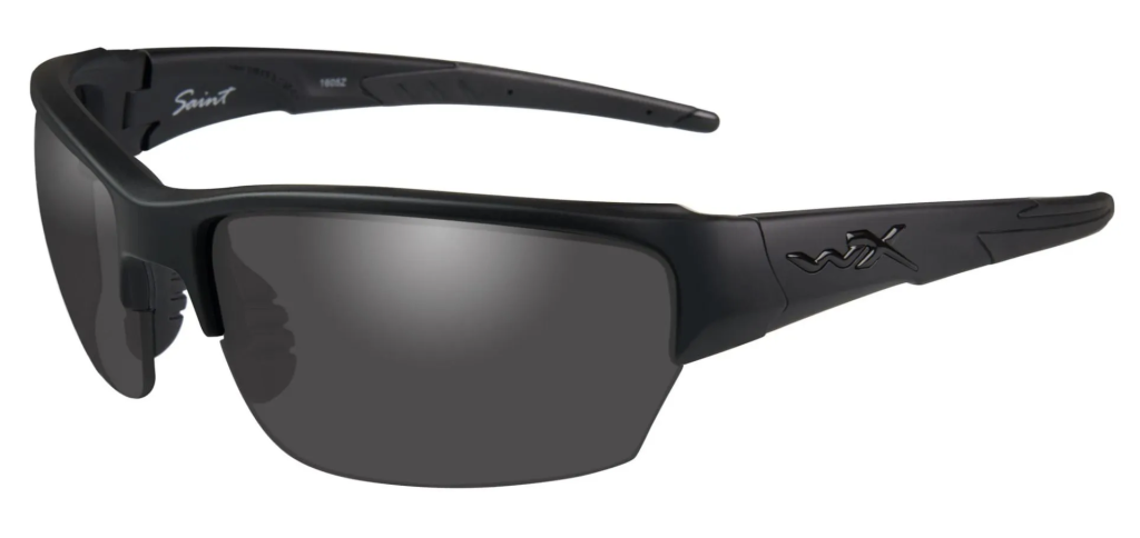 Wiley X saint pickleball safety glasses in matte black with semi-rimless grey lenses.