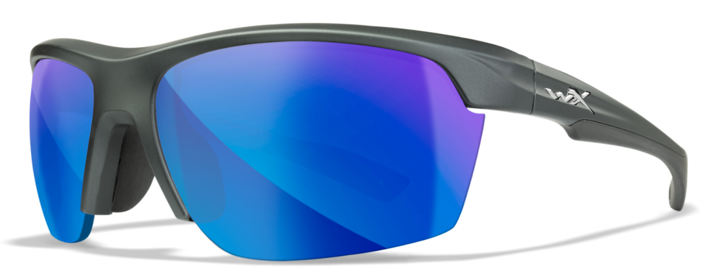 Wiley X Swift kids sunglasses in black with blue mirror lenses.