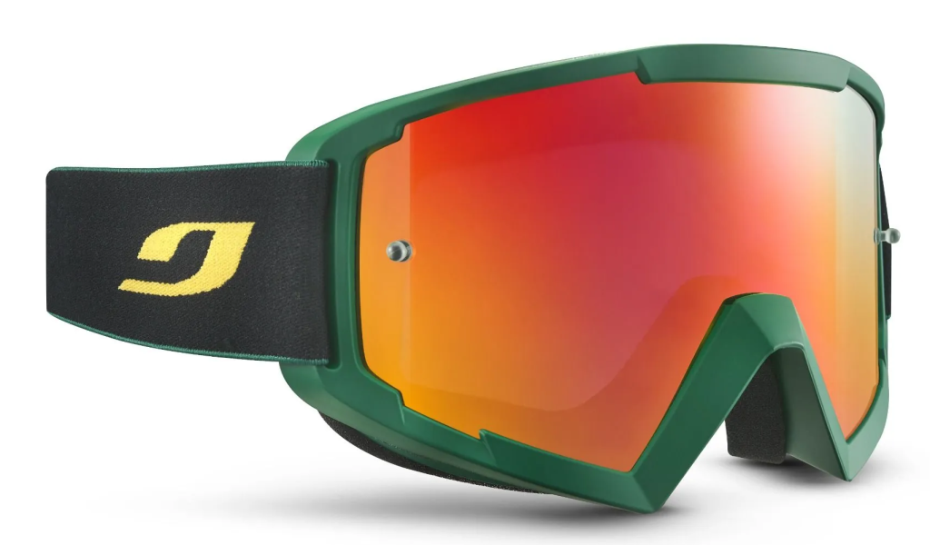 Jublo Session MTB Goggles in green with black strap and red orange shield lens.