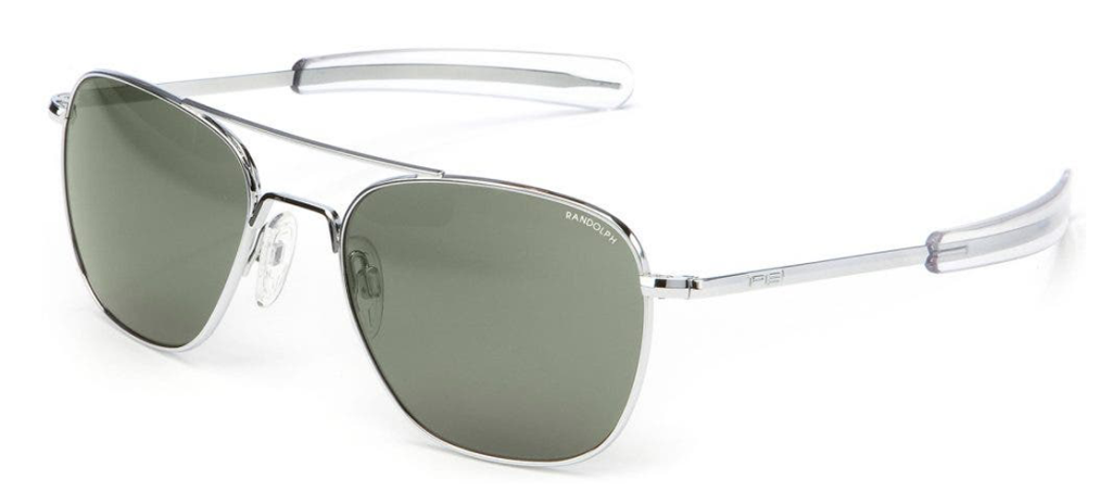 Randolph Engineering Aviator sunglasses in bright chrome silver with clear temple tips and grey green lenses.