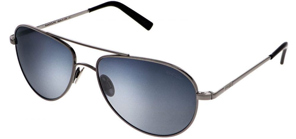 Randolph Engineering prescription sunglasses in aviator shape with gunmetal metal frame and grey slate lenses.