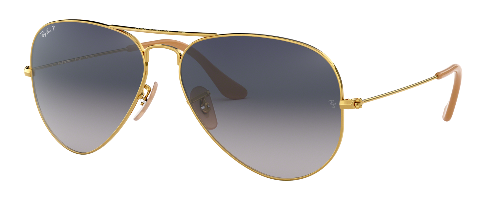 Ray-Ban RB3025 Aviator driving sunglasses in gold with gradient blue lenses.