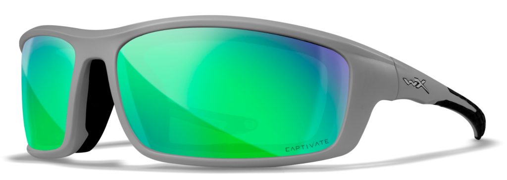 Wiley X Grid polarized fishing sunglasses in grey with green mirror lenses.
