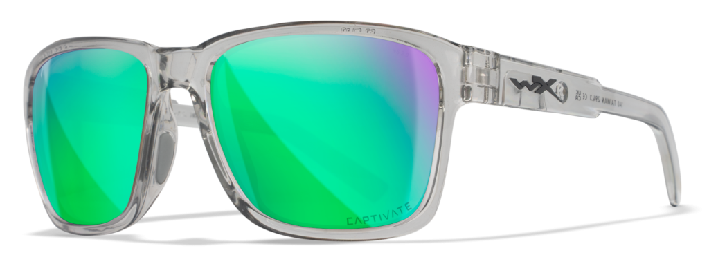 Wiley X Trek sunglasses in transparent light grey with polarized green mirror lenses.
