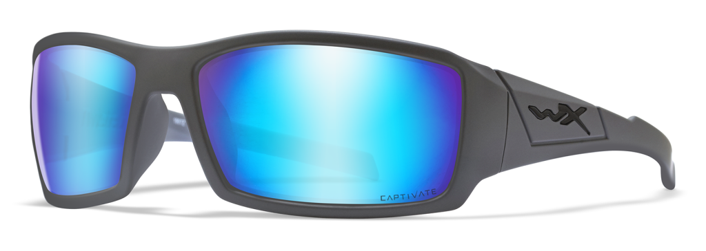 Wiley X Twisted sunglasses for fishing in matte gray with polarized blue mirror lenses.