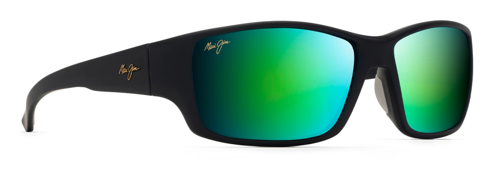 Maui Jim Local Kine polarized fishing sunglasses in matte black with Maui Green lenses.