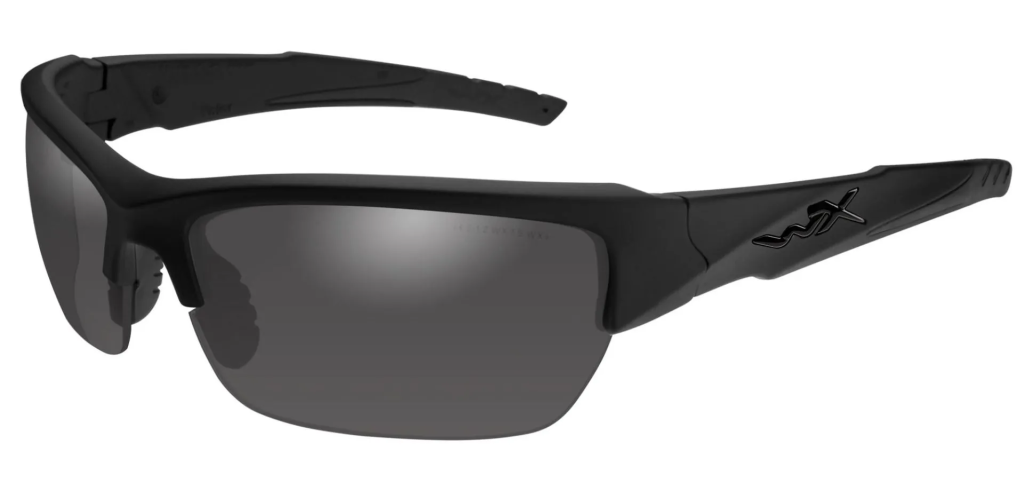 Wiley X Valor sunglasses in black ops matte black with polarized grey lenses.