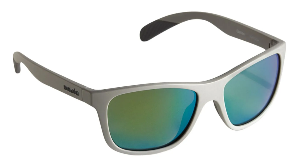 Bajío Gates sunglasses in matte grey with green mirror polarized lenses.