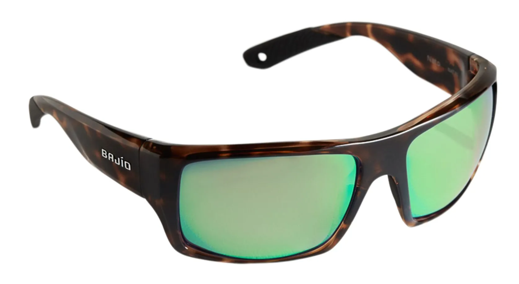 Bajío Nato sunglasses in dark tortoise with green mirror lenses.