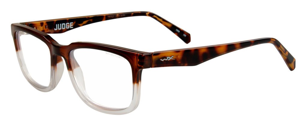 Wiley X Judge best rx safety glasses in brown and clear with clear prescription lenses.