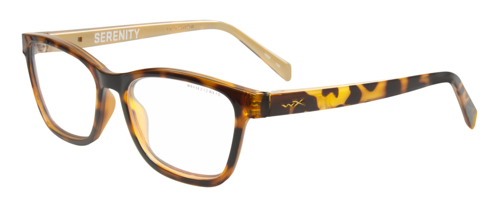 Wiley X Serenity in the lineup of the best Wiley X safety glasses. Tortoise frame with square clear lenses.