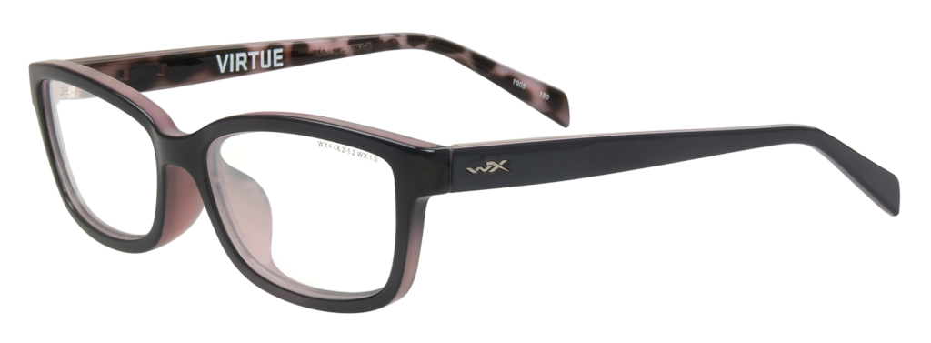 Wiley X Virtue prescription safety glasses dark blue and pink lilac frame with clear lenses.