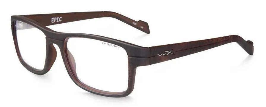 Wiley X Epic ANSI glasses in brown with clear lenses.