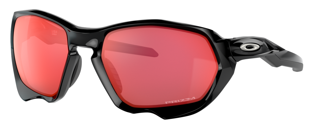 Oakley Plazma as first frame in lineup of best mountain bike sunglasses. Black frame with red PRIZM Trail Torch lenses.