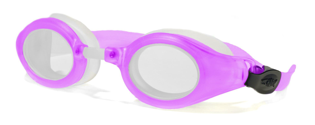 Rec Specs Shark kids swim goggles in purple with clear strap.