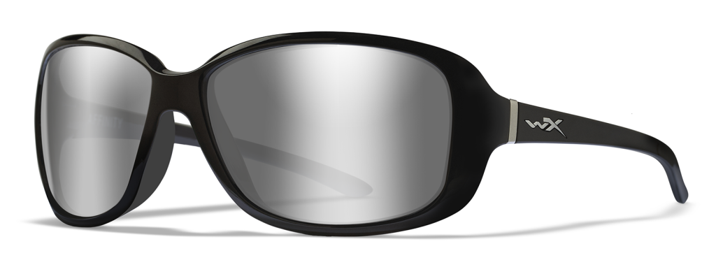 Wiley X Affinity women's sunglasses in black with silver flash lenses.