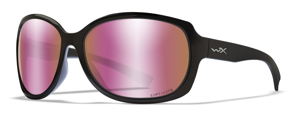 Wiley X Mystique women's sunglasses in black with pink polarized lenses.