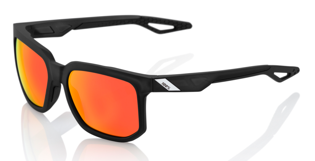 100% Centric prescription MTB sunglasses in black white red mirror lenses.