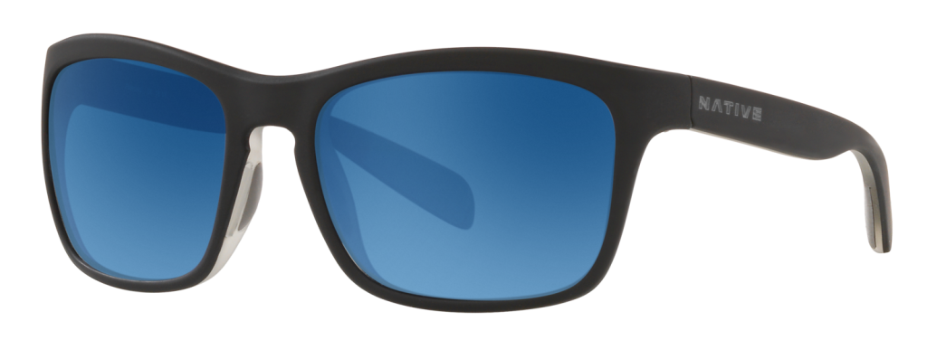 Native Penrose sunglasses in black with blue polarized lenses.