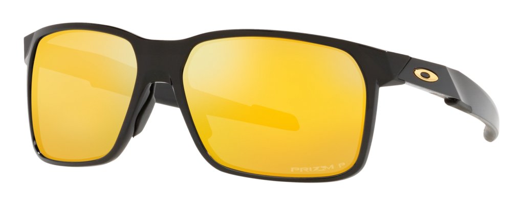 Oakley Portal X sunglasses in black with gold yellow lenses and logo.