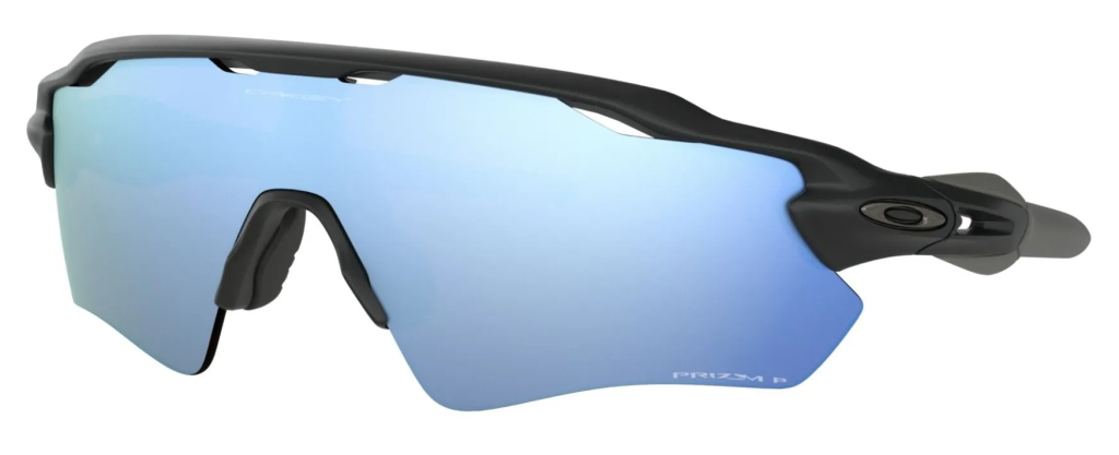 Oakley Radar EV Path shield sunglasses in matte black with polarized blue PRIZM™ lenses.