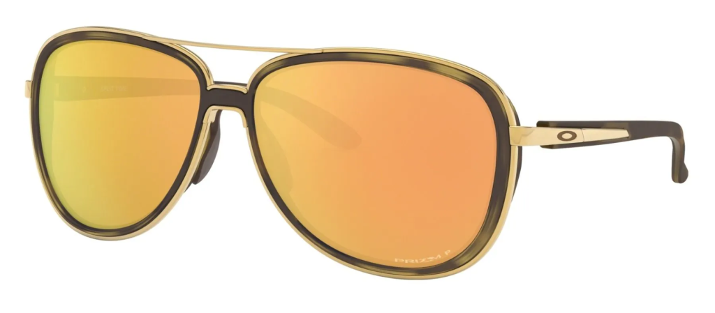 Oakley Split Time women's sunglasses in gold and tortoise with pilot rose gold polarized lenses.