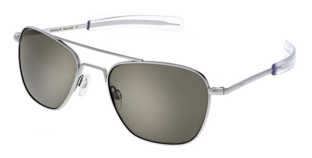 Randolph Engineering Aviator sunglasses in matte chrome silver with gray polarized lenses.