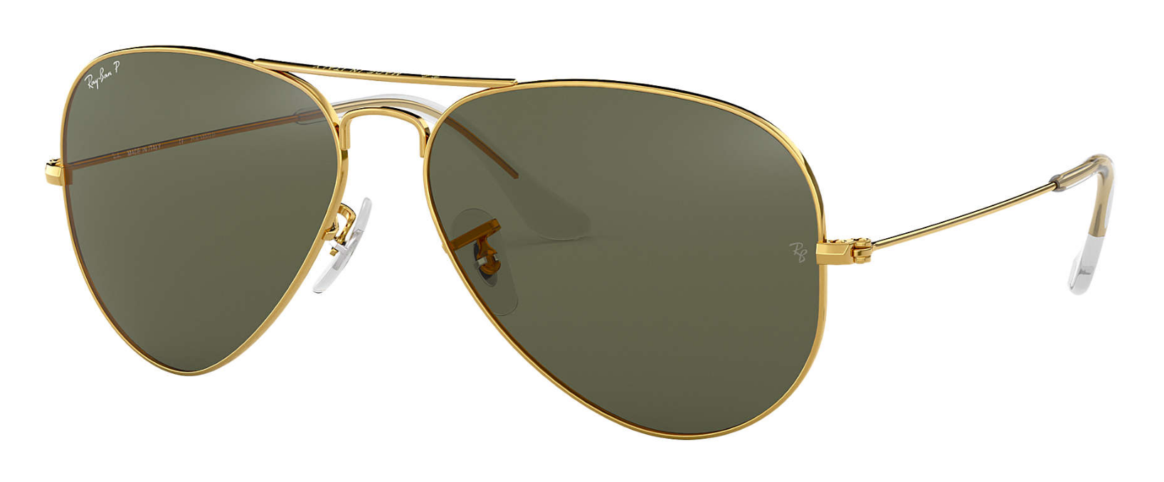 Ray-Ban Aviator polarized driving sunglasses in gold with clear temple tips and grey green G-15 lenses.