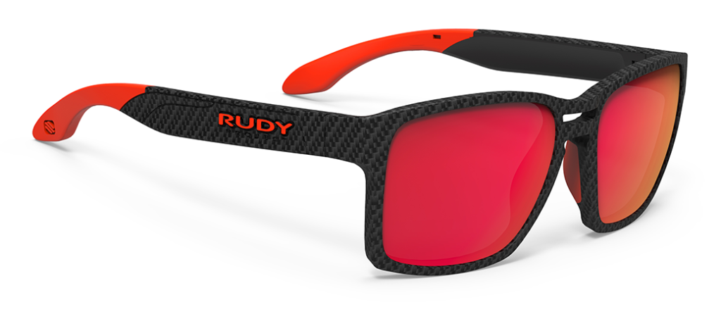 Rudy Project Spinair 57 prescription sunglasses for mountain biking in grey with red lenses and red temple tips.