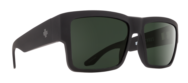 SPY Cyrus sunglasses in matte black with square green polarized lenses.