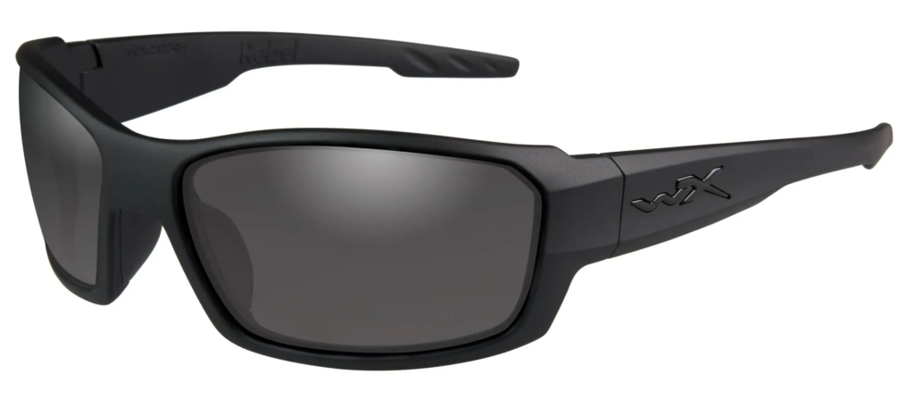 Wiley X Rebel Black Ops sunglasses in matte black with smoke grey lenses.