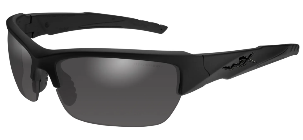 Wiley X Valor Black Ops sunglasses in matte black with semi-rimless grey lenses.