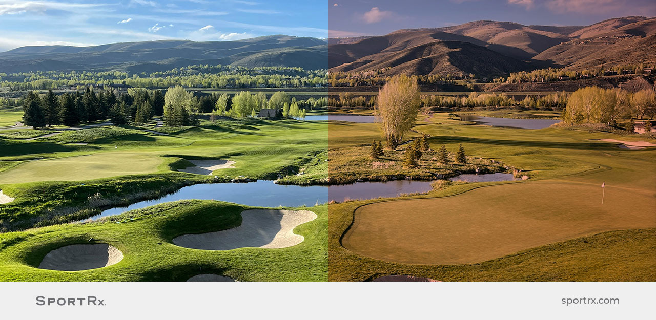 Picture of a golf course with and without rose lens color, the best lens color for golf sunglasses.